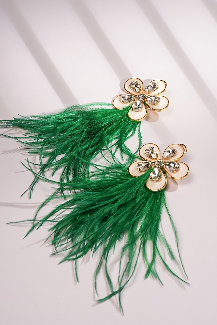 Green Crystal & Feather Floral Dangler Earrings by Bijoux By Priya Chandna at Pernia's Pop Up Shop