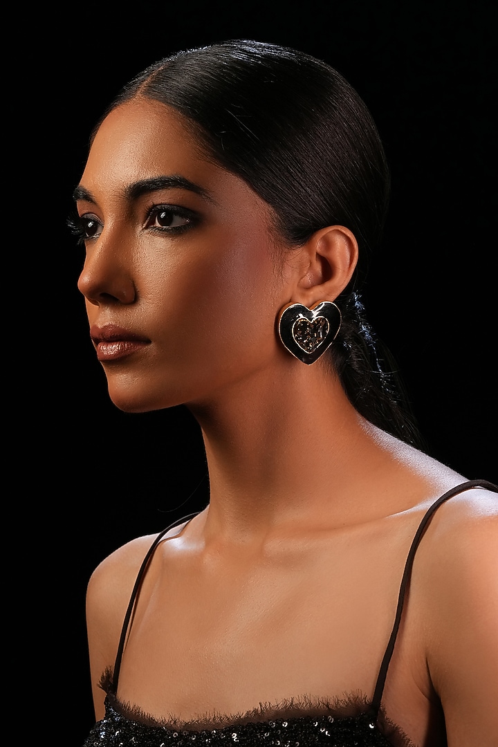 Black Crystal Heart Stud Earrings by Bijoux By Priya Chandna at Pernia's Pop Up Shop
