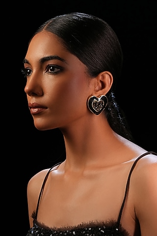 Black Crystal Heart Stud Earrings by Bijoux By Priya Chandna