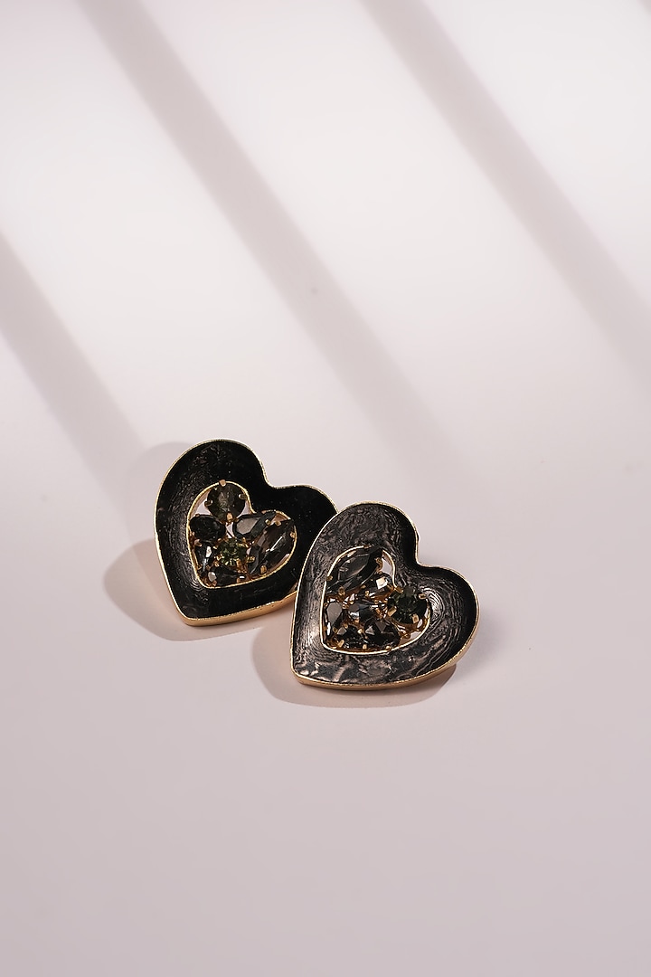 Black Crystal Heart Stud Earrings by Bijoux By Priya Chandna at Pernia's Pop Up Shop