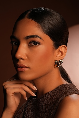 Gold Finish Crystal Bubble Heart Stud Earrings by Bijoux By Priya Chandna