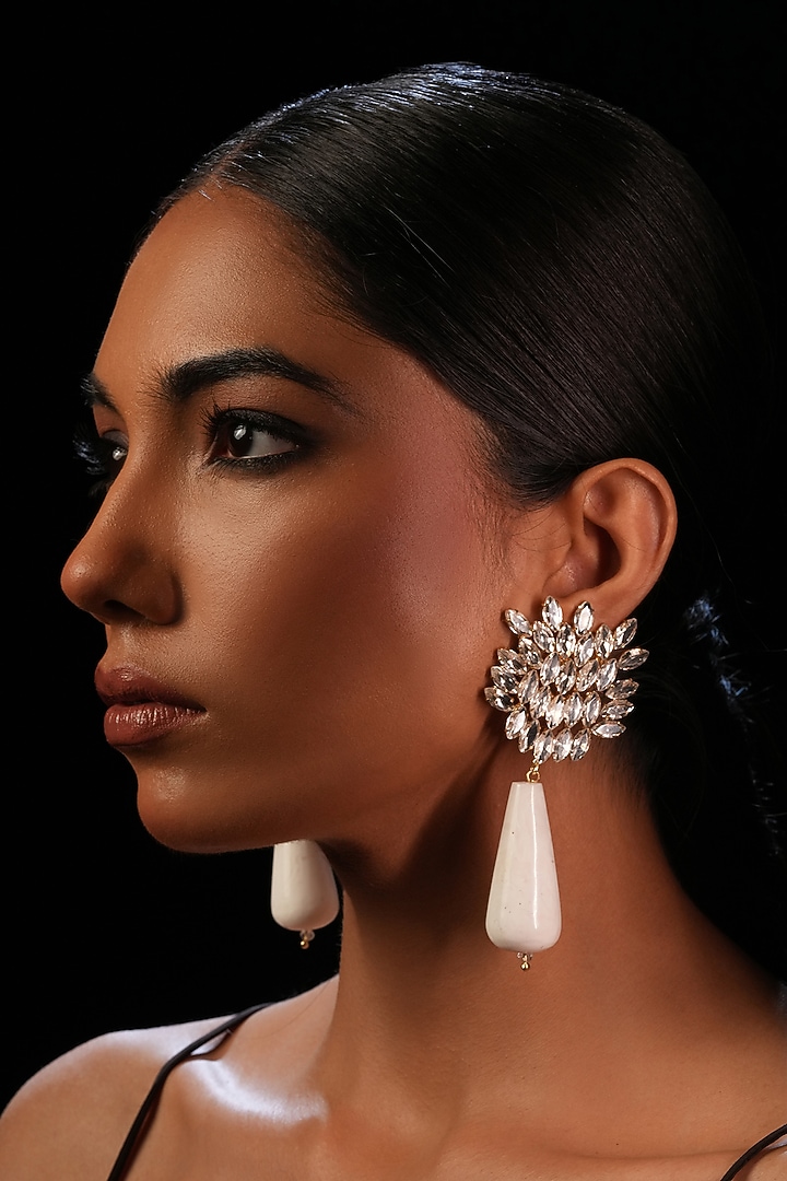 White Crystal Floral Dangler Earrings by Bijoux By Priya Chandna at Pernia's Pop Up Shop