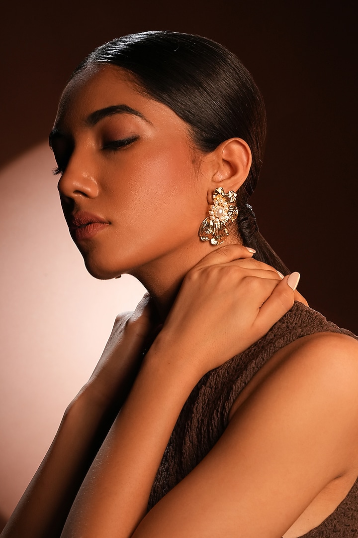Gold Finish Pearl Floral Stud Earrings by Bijoux By Priya Chandna at Pernia's Pop Up Shop