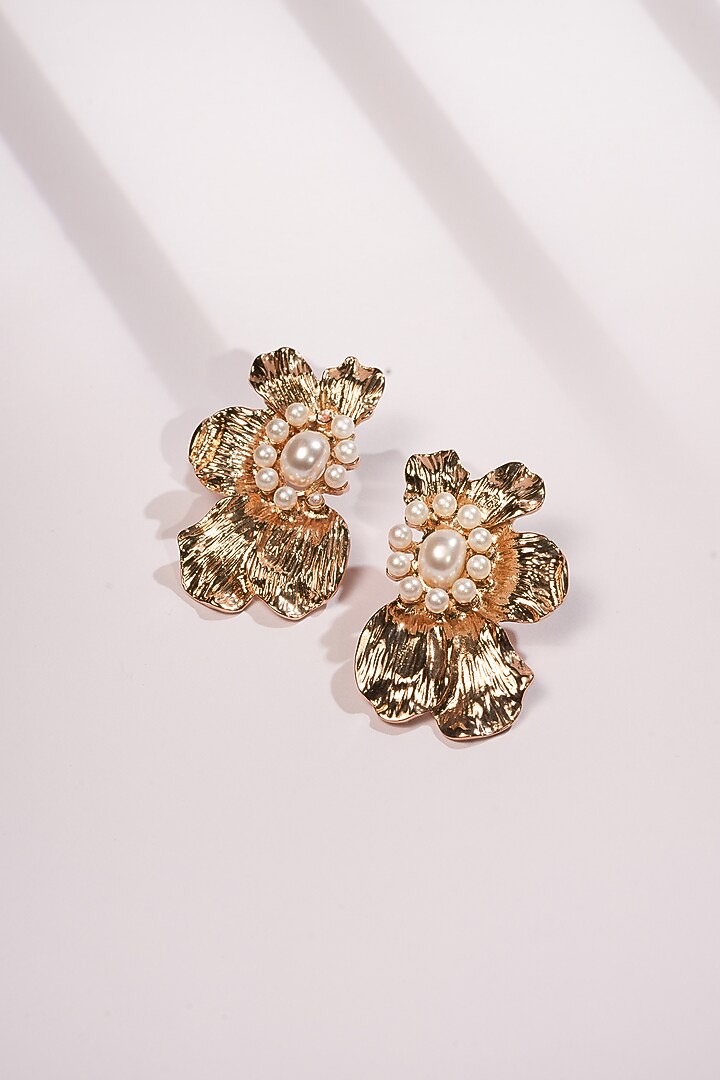 Gold Finish Pearl Floral Stud Earrings by Bijoux By Priya Chandna at Pernia's Pop Up Shop