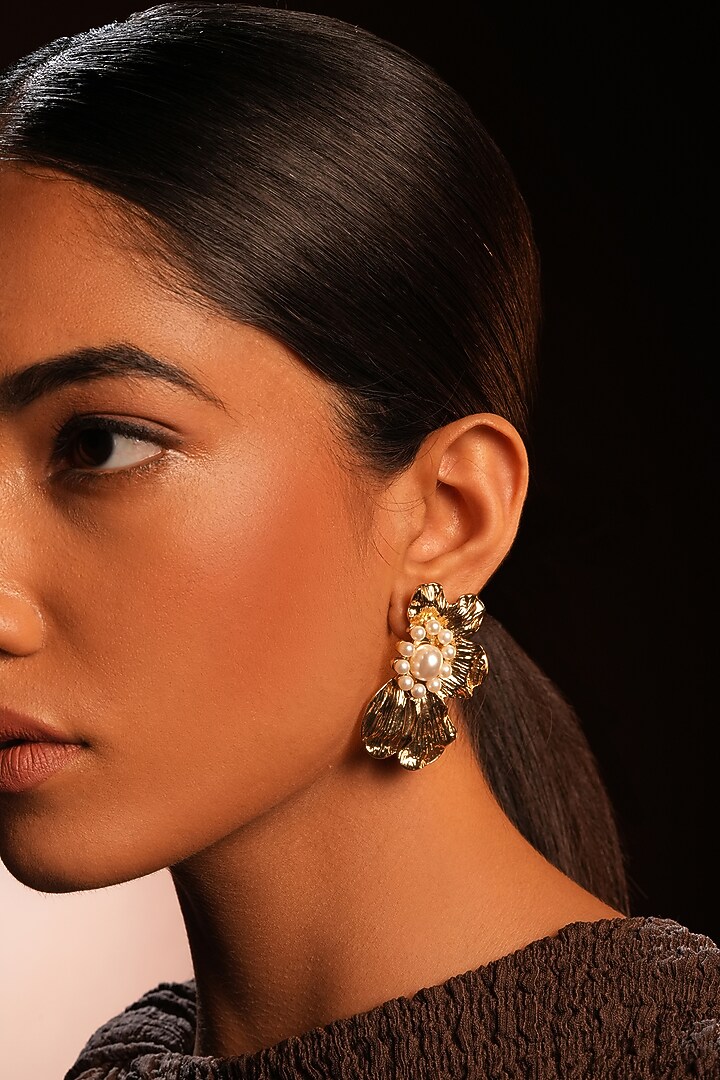 Gold Finish Pearl Floral Stud Earrings by Bijoux By Priya Chandna at Pernia's Pop Up Shop