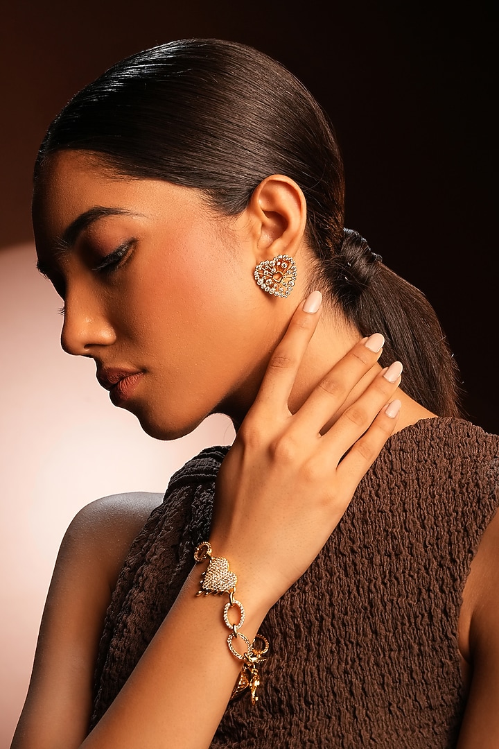 White Crystal Heart Stud Earrings by Bijoux By Priya Chandna at Pernia's Pop Up Shop