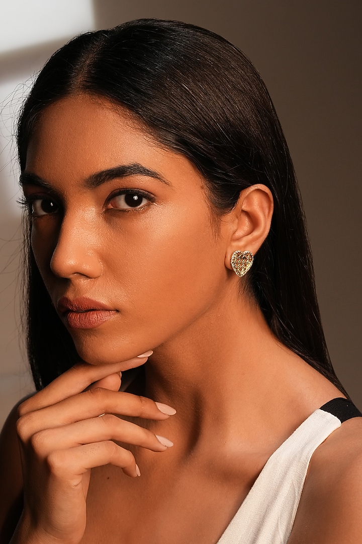 Gold Finish Pearl Heart Stud Earrings by Bijoux By Priya Chandna at Pernia's Pop Up Shop