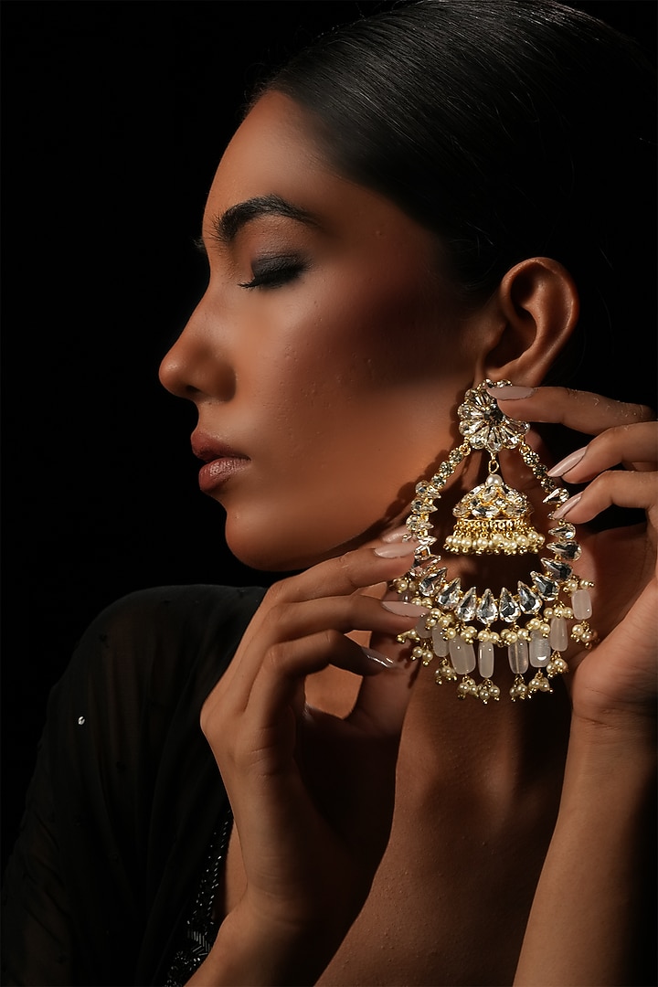 White Crystal Chandbali Earrings by Bijoux By Priya Chandna at Pernia's Pop Up Shop