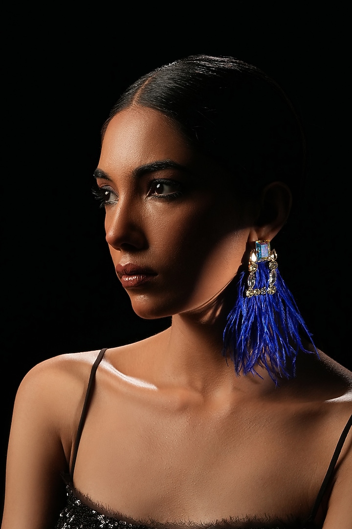 Blue Crystal & Feather Dangler Earrings by Bijoux By Priya Chandna at Pernia's Pop Up Shop
