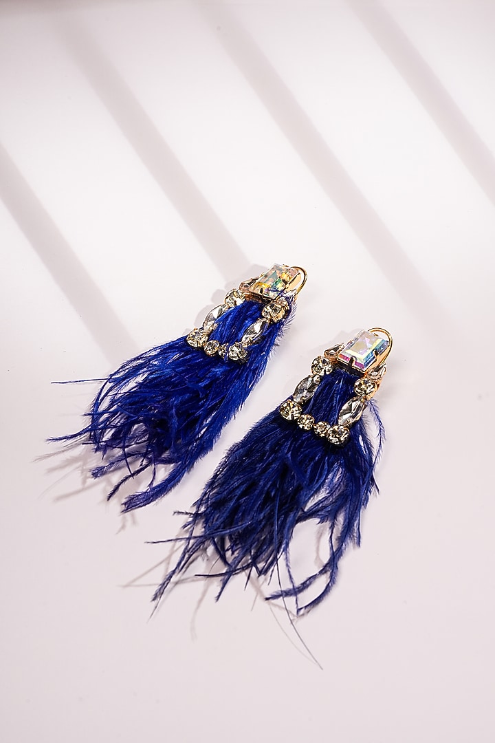 Blue Crystal & Feather Dangler Earrings by Bijoux By Priya Chandna at Pernia's Pop Up Shop