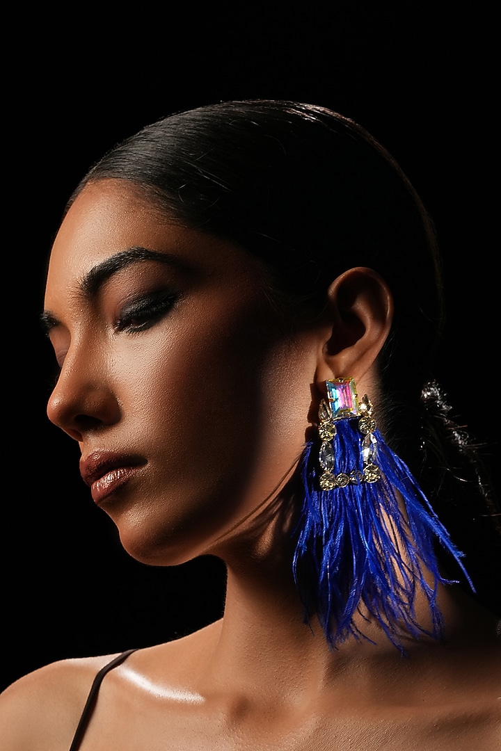 Blue Crystal & Feather Dangler Earrings by Bijoux By Priya Chandna at Pernia's Pop Up Shop