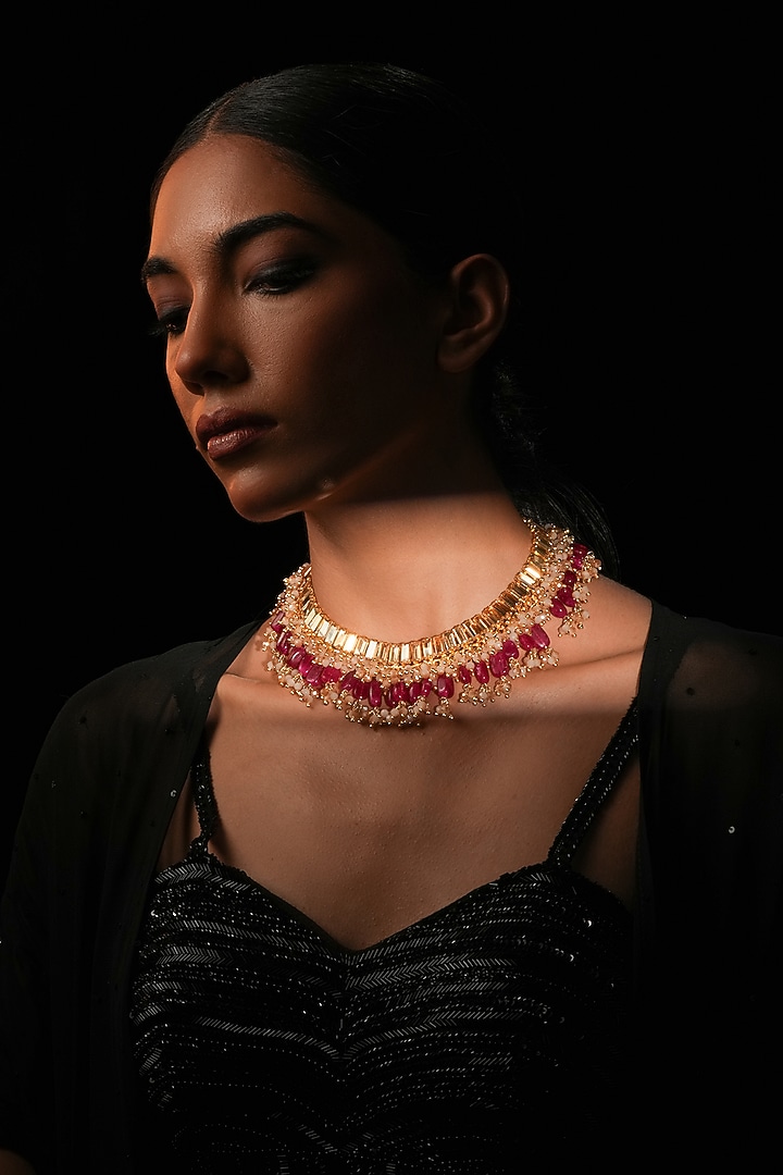 Gold Finish Crystal & Red Semi-Precious Stone Choker Necklace by Bijoux By Priya Chandna at Pernia's Pop Up Shop