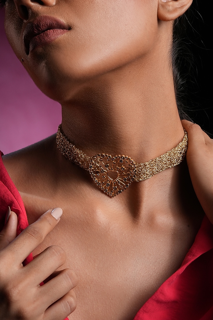 Gold Finish Crystal Mesh Heart Choker Necklace by Bijoux By Priya Chandna at Pernia's Pop Up Shop