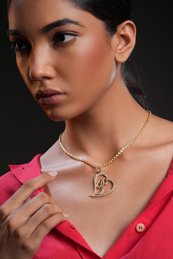 Gold Finish Crystal Personalized Heart Necklace by Bijoux By Priya Chandna at Pernia's Pop Up Shop