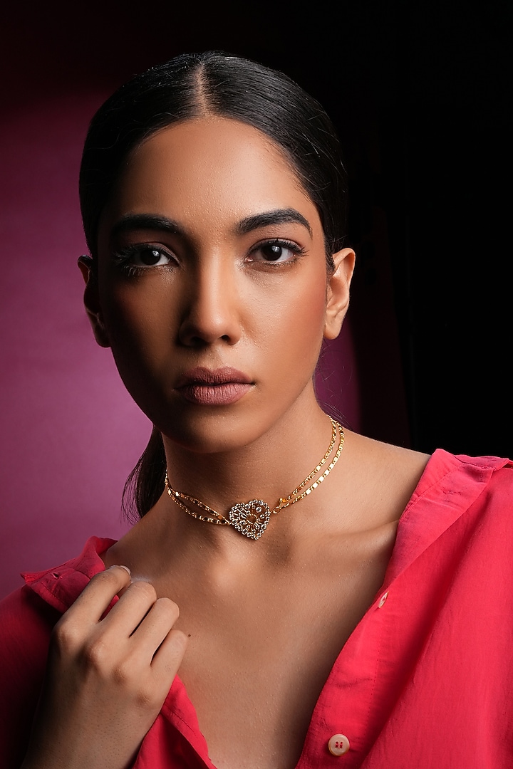 Gold Finish Crystal Heart Choker Necklace by Bijoux By Priya Chandna at Pernia's Pop Up Shop