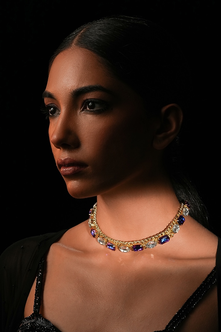Gold Finish Blue Crystal Choker Necklace by Bijoux By Priya Chandna at Pernia's Pop Up Shop