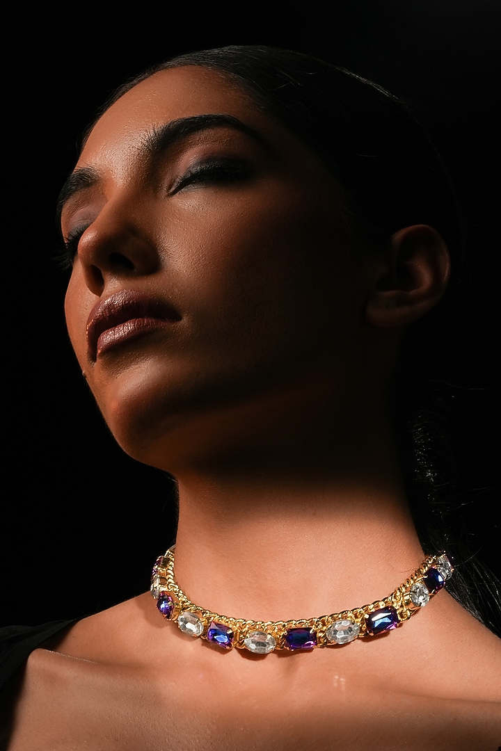 Gold Finish Blue Crystal Choker Necklace by Bijoux By Priya Chandna at Pernia's Pop Up Shop