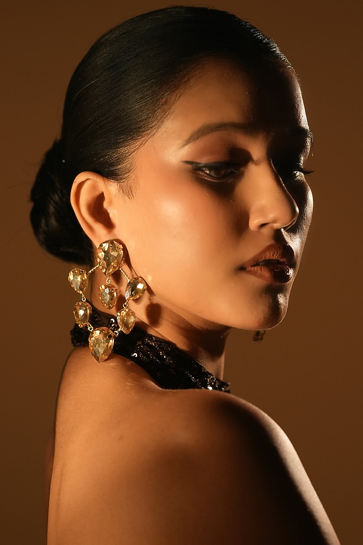 Gold Finish Cluster Crystal Hoop Earrings by Bijoux By Priya Chandna at Pernia's Pop Up Shop