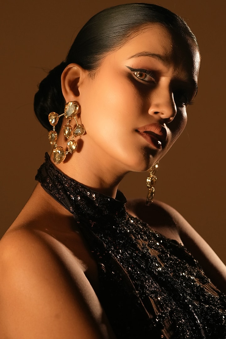 Gold Finish Cluster Crystal Hoop Earrings by Bijoux By Priya Chandna at Pernia's Pop Up Shop