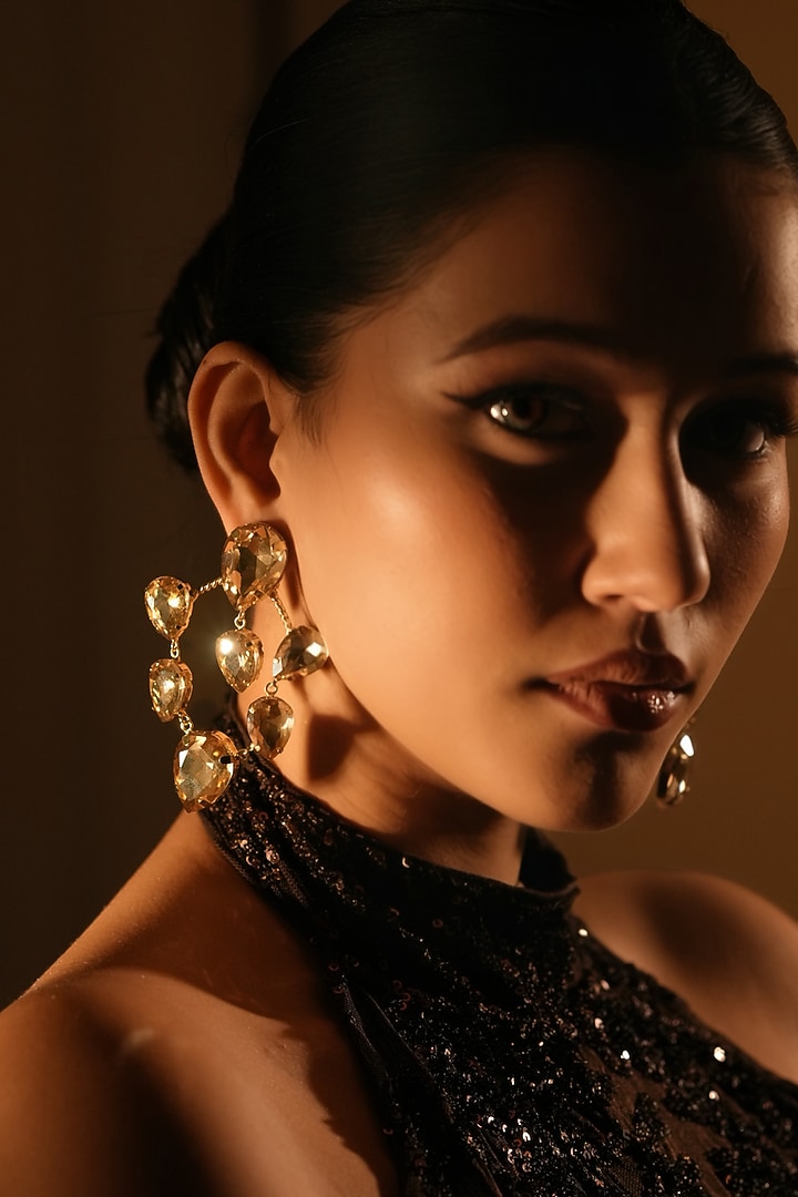 Gold Finish Cluster Crystal Hoop Earrings by Bijoux By Priya Chandna at Pernia's Pop Up Shop