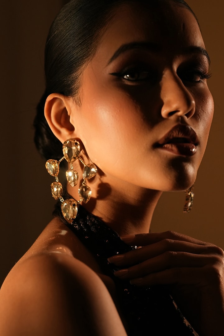 Gold Finish Cluster Crystal Hoop Earrings by Bijoux By Priya Chandna at Pernia's Pop Up Shop