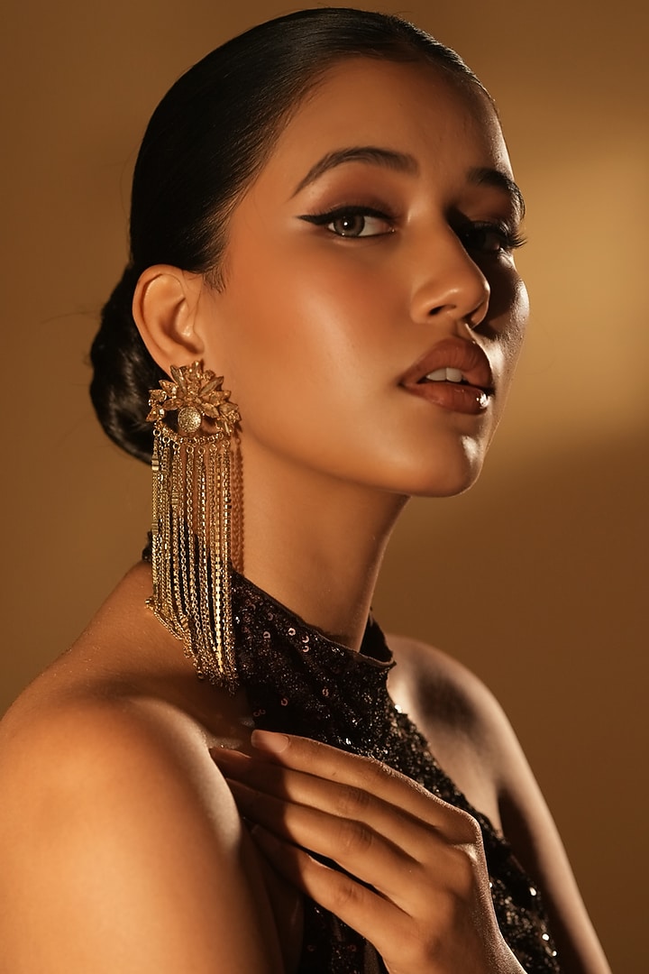 Gold Finish Crystal & Chain Fringes Floral Chandelier Earrings by Bijoux By Priya Chandna at Pernia's Pop Up Shop