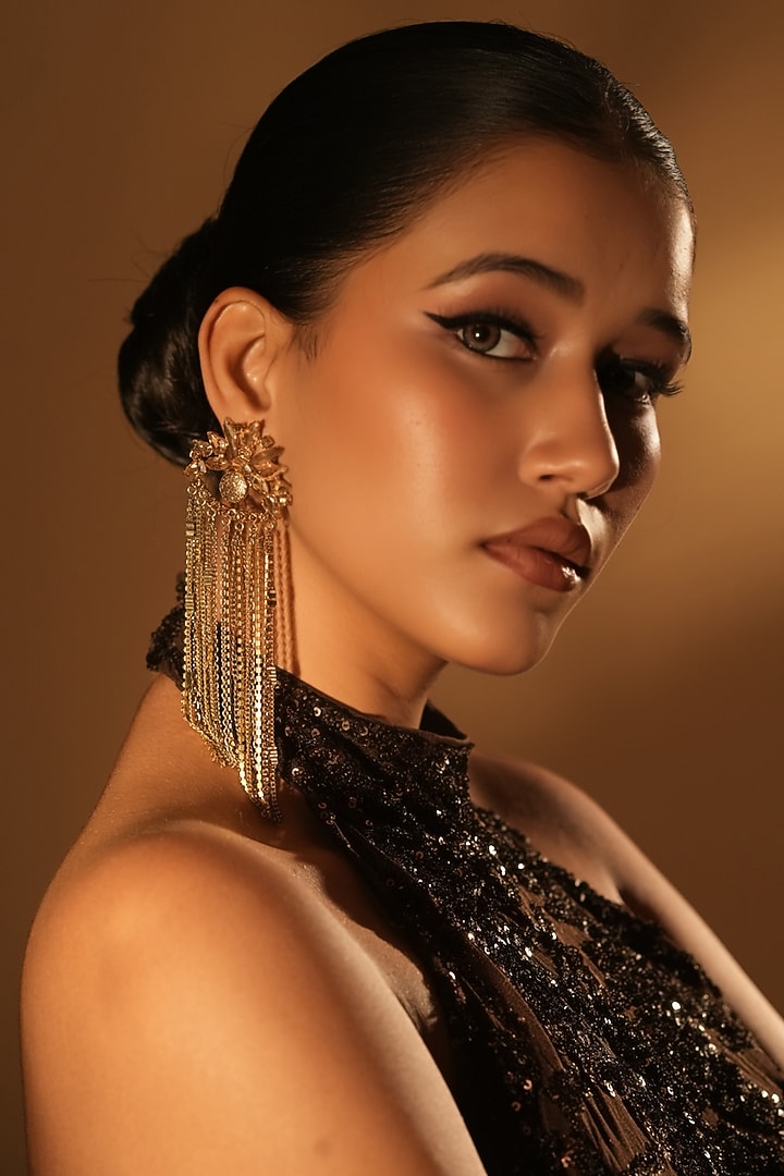Gold Finish Crystal & Chain Fringes Floral Chandelier Earrings by Bijoux By Priya Chandna at Pernia's Pop Up Shop