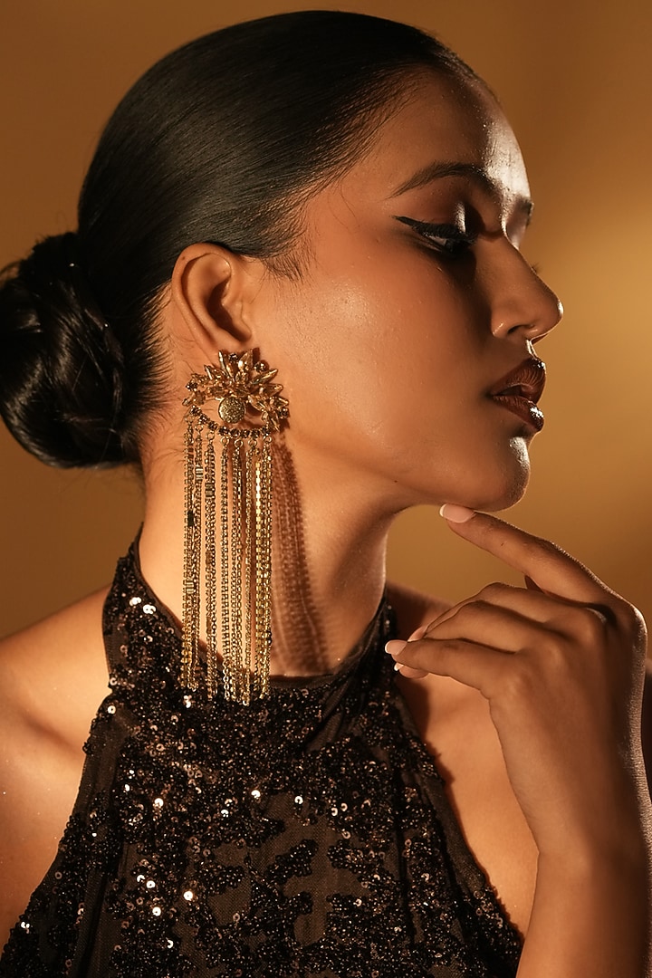 Gold Finish Crystal & Chain Fringes Floral Chandelier Earrings by Bijoux By Priya Chandna at Pernia's Pop Up Shop