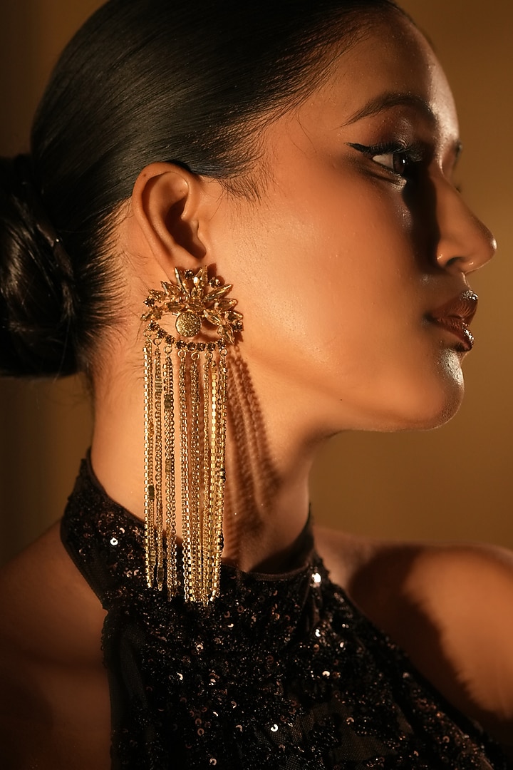 Gold Finish Crystal & Chain Fringes Floral Chandelier Earrings by Bijoux By Priya Chandna at Pernia's Pop Up Shop