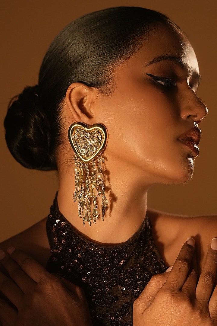 Gold Finish Crystal & Pearl Heart-Shaped Dangler Earrings by Bijoux By Priya Chandna at Pernia's Pop Up Shop