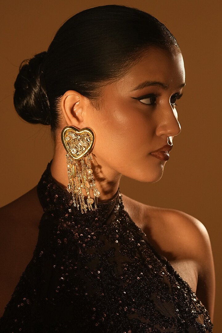 Gold Finish Crystal & Pearl Heart-Shaped Dangler Earrings by Bijoux By Priya Chandna at Pernia's Pop Up Shop