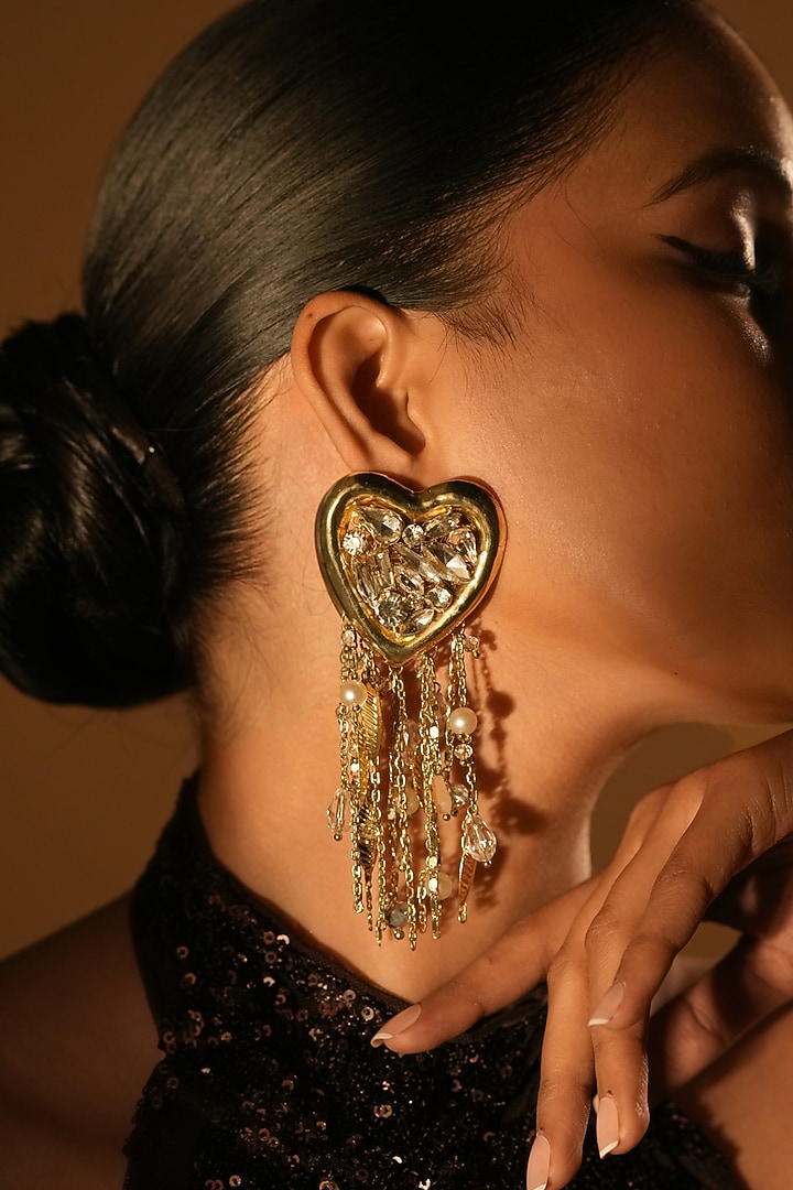 Gold Finish Crystal & Pearl Heart-Shaped Dangler Earrings by Bijoux By Priya Chandna at Pernia's Pop Up Shop