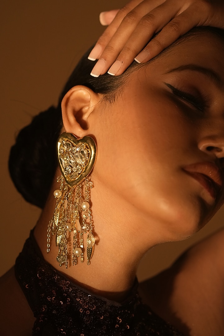 Gold Finish Crystal & Pearl Heart-Shaped Dangler Earrings by Bijoux By Priya Chandna at Pernia's Pop Up Shop