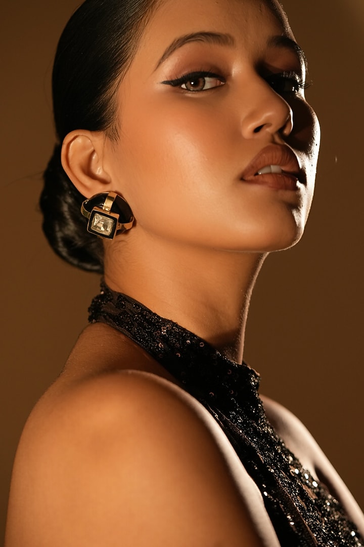 Gold Finish Crystal Square-Shaped Stud Earrings by Bijoux By Priya Chandna at Pernia's Pop Up Shop