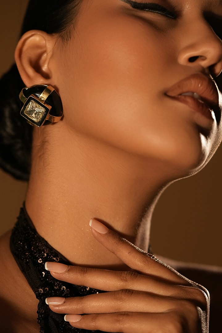 Gold Finish Crystal Square-Shaped Stud Earrings by Bijoux By Priya Chandna at Pernia's Pop Up Shop