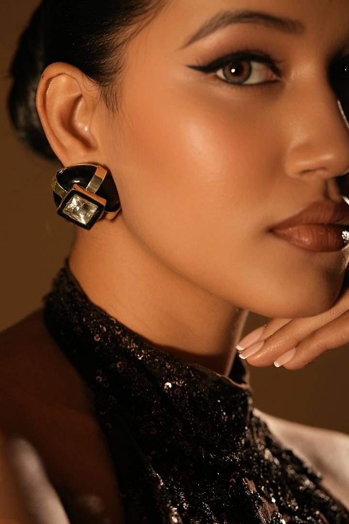 Gold Finish Crystal Square-Shaped Stud Earrings by Bijoux By Priya Chandna at Pernia's Pop Up Shop