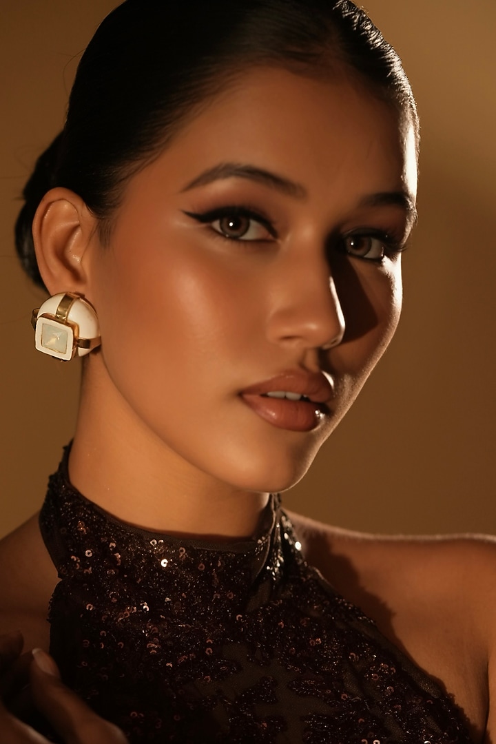 Ivory Crystal Square-Shaped Stud Earrings by Bijoux By Priya Chandna at Pernia's Pop Up Shop