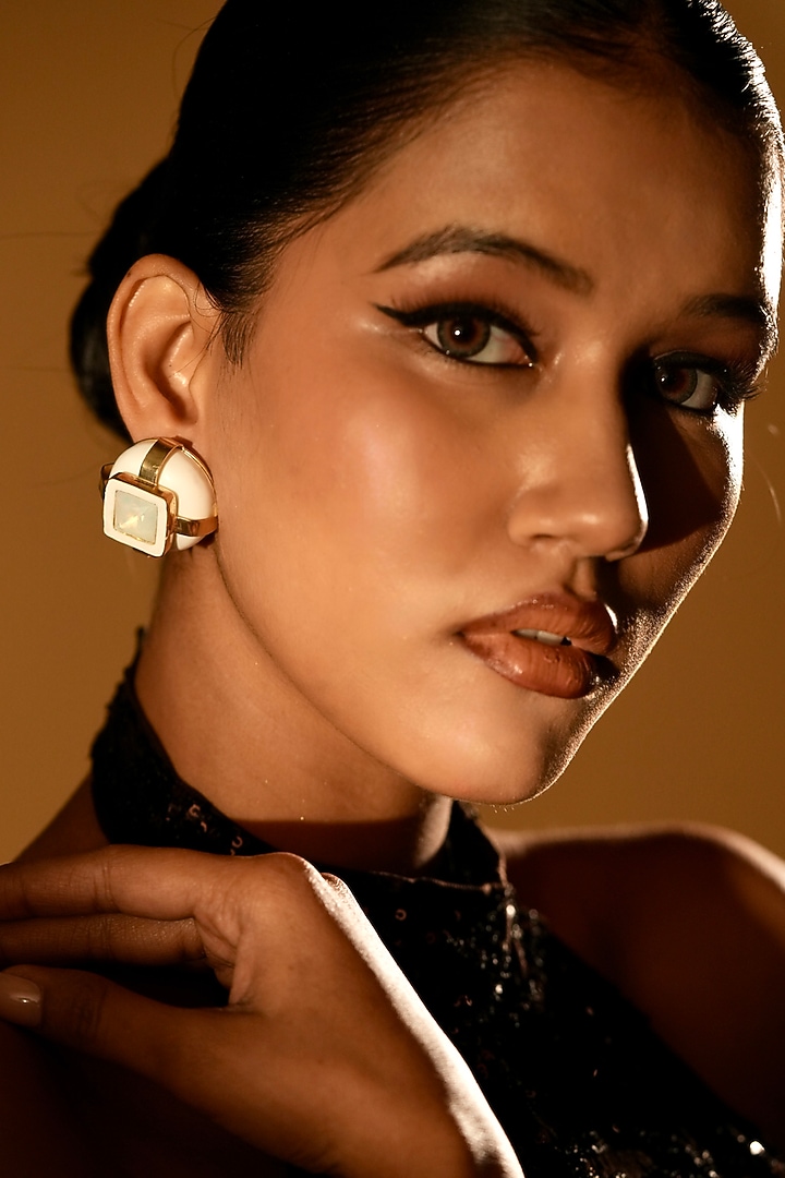 Ivory Crystal Square-Shaped Stud Earrings by Bijoux By Priya Chandna at Pernia's Pop Up Shop