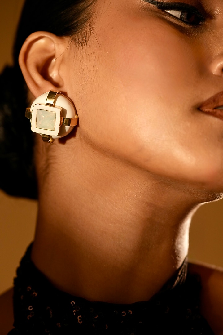 Ivory Crystal Square-Shaped Stud Earrings by Bijoux By Priya Chandna at Pernia's Pop Up Shop