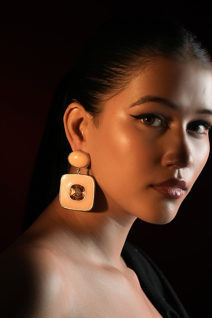 Gold Finish Amber Crystal Enameled Dangler Earrings by Bijoux By Priya Chandna at Pernia's Pop Up Shop