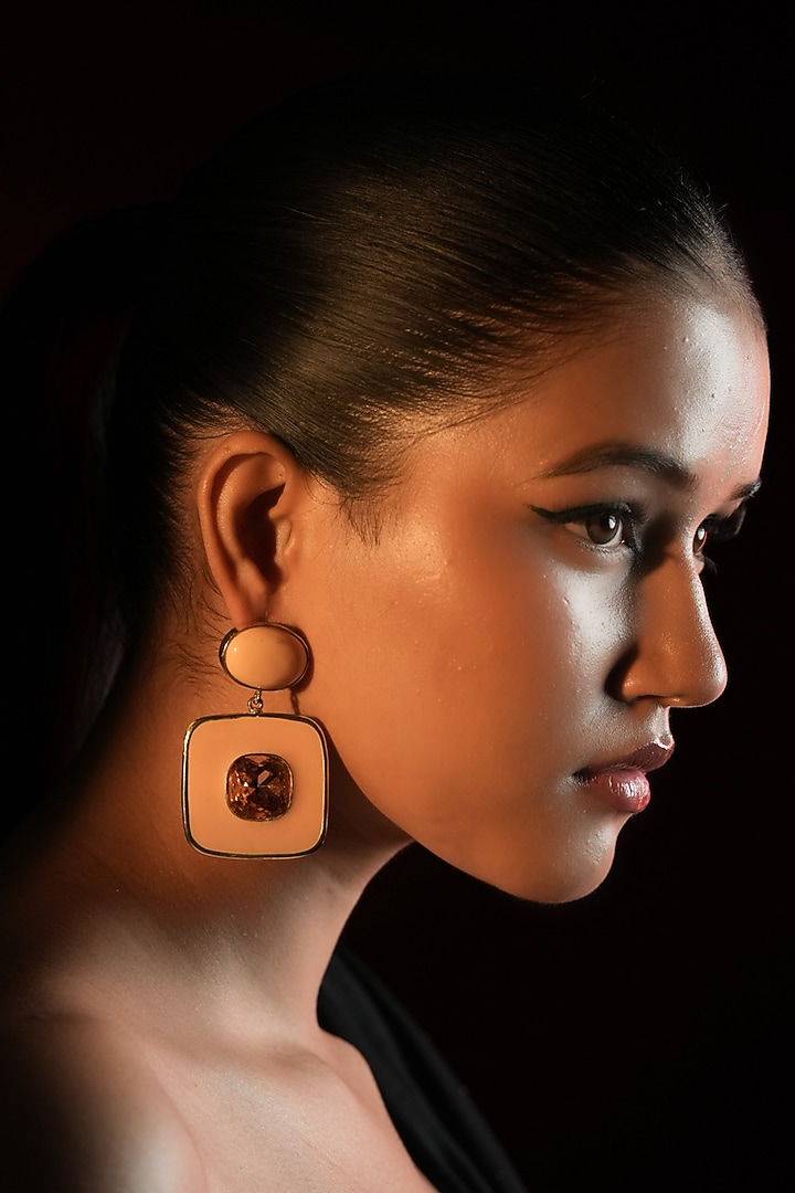 Gold Finish Amber Crystal Enameled Dangler Earrings by Bijoux By Priya Chandna at Pernia's Pop Up Shop