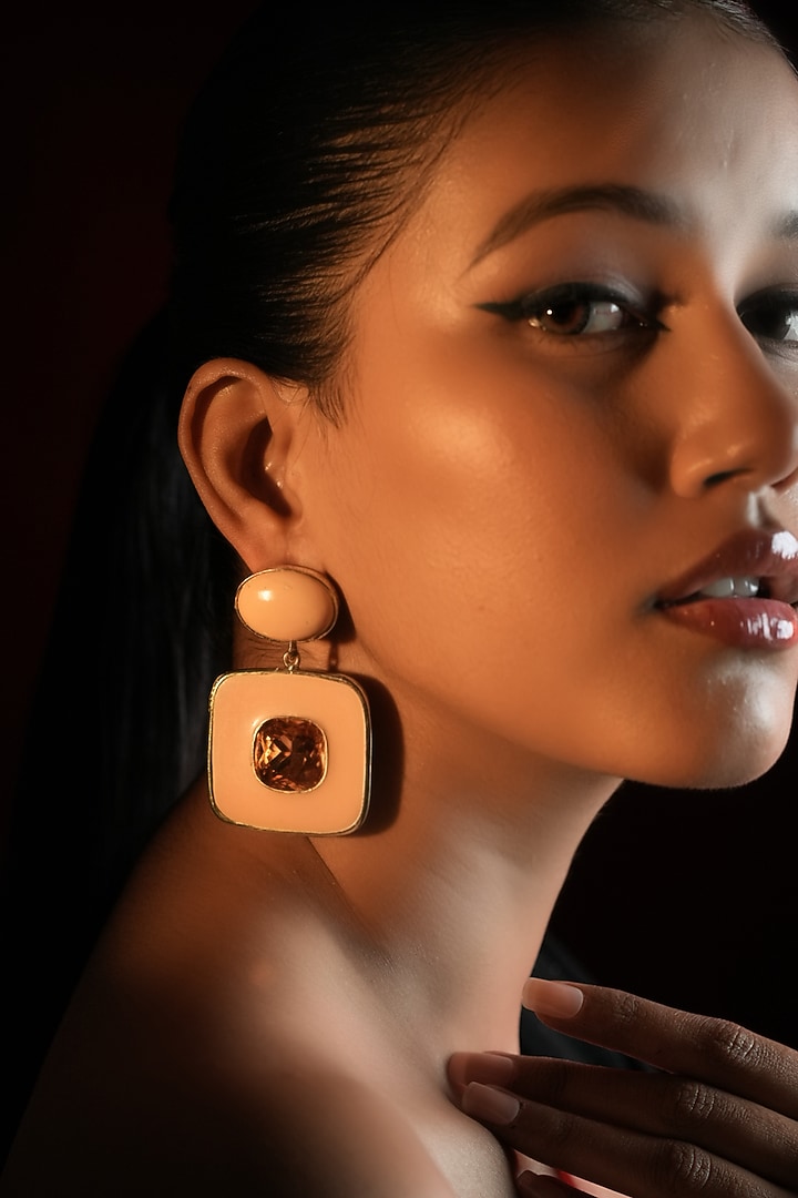 Gold Finish Amber Crystal Enameled Dangler Earrings by Bijoux By Priya Chandna at Pernia's Pop Up Shop