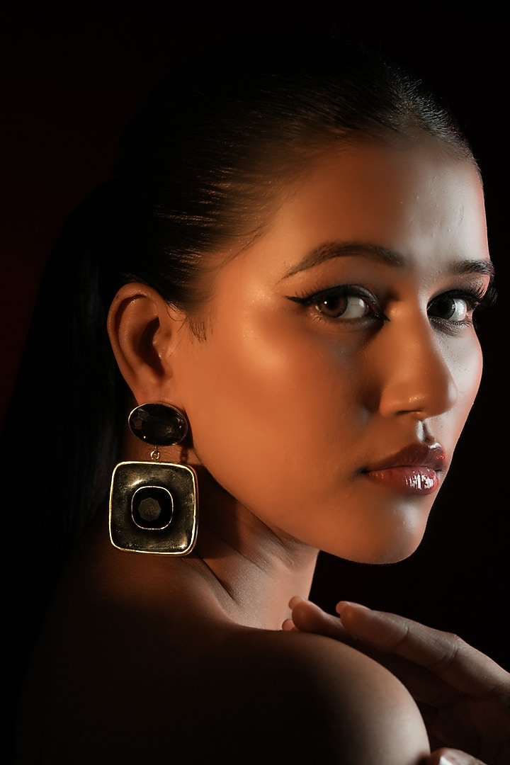 Gold Finish Black Crystal Enameled Dangler Earrings by Bijoux By Priya Chandna at Pernia's Pop Up Shop