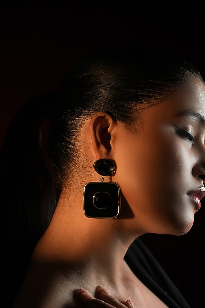 Gold Finish Black Crystal Enameled Dangler Earrings by Bijoux By Priya Chandna at Pernia's Pop Up Shop