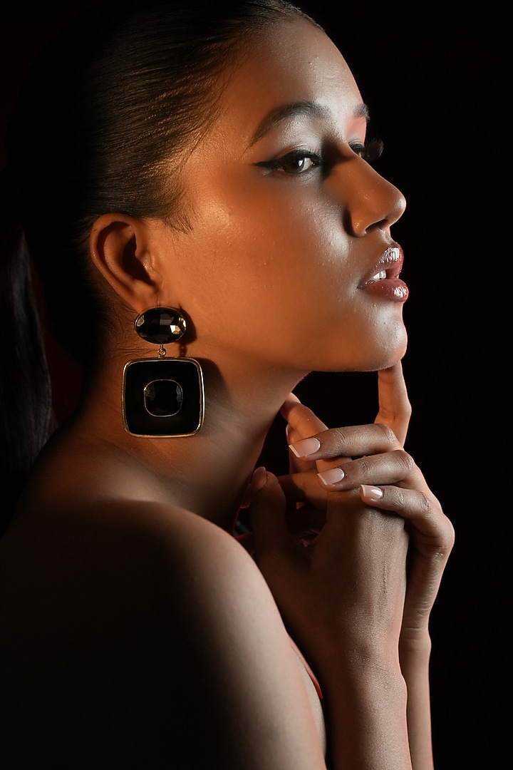 Gold Finish Black Crystal Enameled Dangler Earrings by Bijoux By Priya Chandna at Pernia's Pop Up Shop