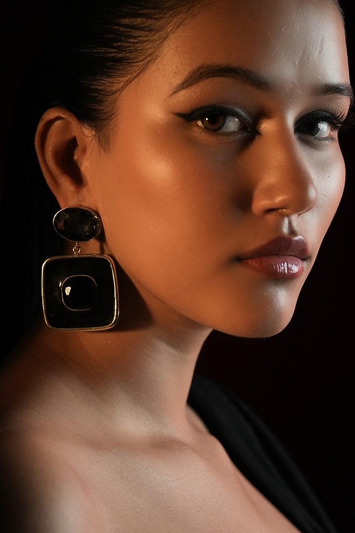 Gold Finish Black Crystal Enameled Dangler Earrings by Bijoux By Priya Chandna at Pernia's Pop Up Shop