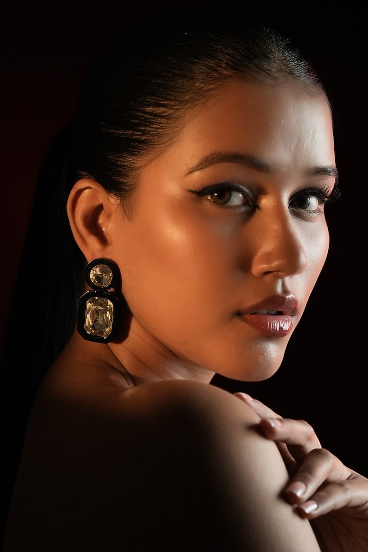 Gold Finish Round & Rectangular-Shaped Crystal Dangler Earrings by Bijoux By Priya Chandna at Pernia's Pop Up Shop