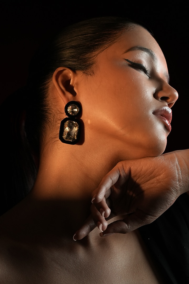 Gold Finish Round & Rectangular-Shaped Crystal Dangler Earrings by Bijoux By Priya Chandna at Pernia's Pop Up Shop