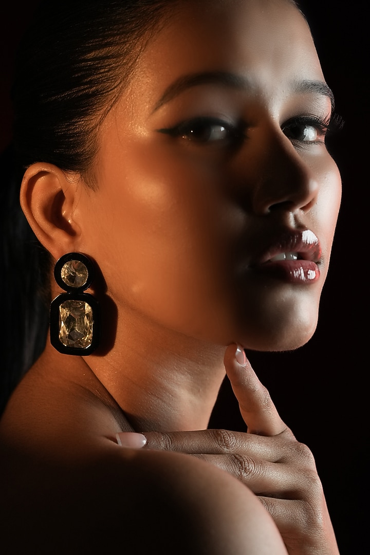 Gold Finish Round & Rectangular-Shaped Crystal Dangler Earrings by Bijoux By Priya Chandna at Pernia's Pop Up Shop