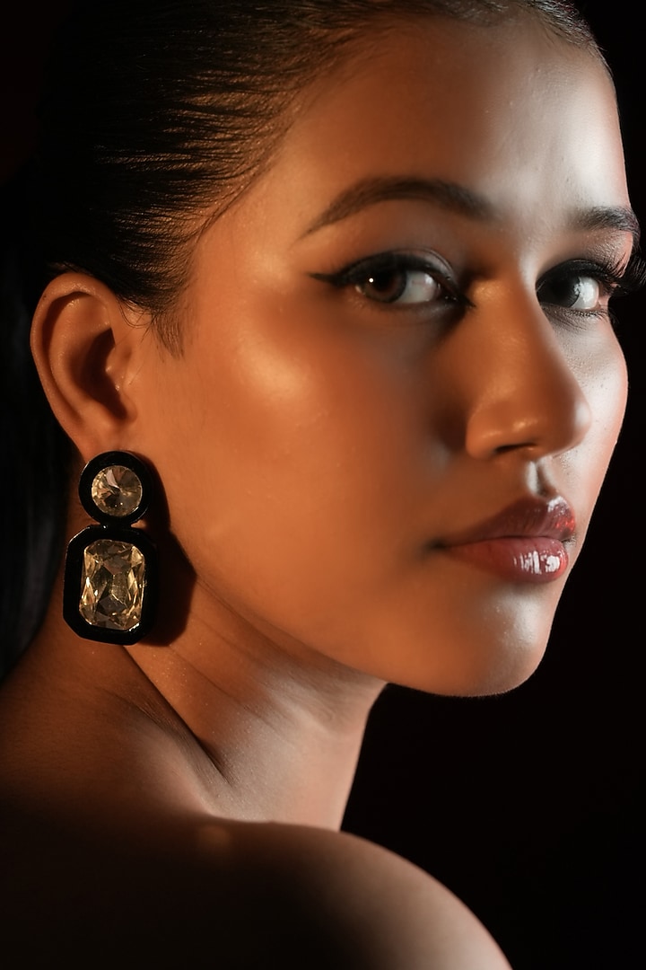 Gold Finish Round & Rectangular-Shaped Crystal Dangler Earrings by Bijoux By Priya Chandna at Pernia's Pop Up Shop